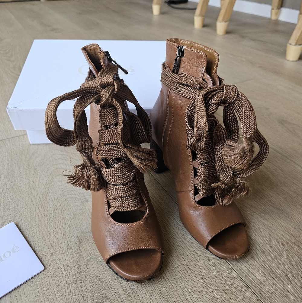 Chloe Coquette Lace Up Cognac Leather Open Toe Booties Size 36 - Picture 6 of 11